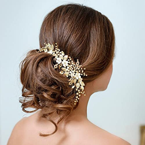 Handcess Kristall Hochzeits Stirnbänder Blume goldfarbene Perlen Kopfschmuck Strass Blätter Braut Haarschmuck für Frauen und Mädchen