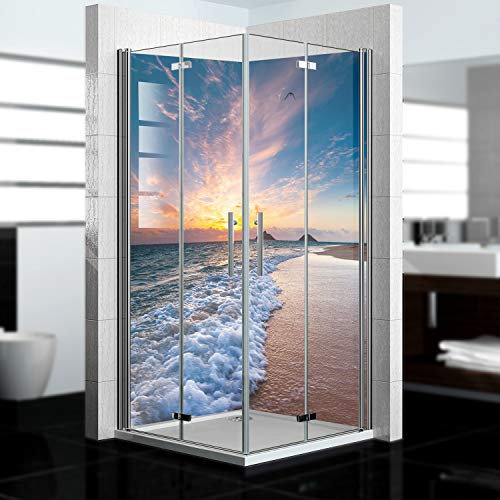 dedeco Eck-Duschrückwand wasserfest Motiv: Strand V5, 2 x 90x200 cm, Badrückwand, Fliesenersatz fugenlos Wandverkleidung Duschplatte Duschrückwände aus Aluminium, Made in Germany