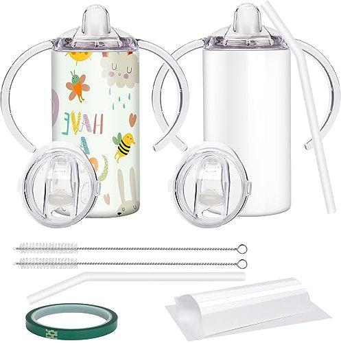 Vermida Sublimations-Schnabeltasse mit Griff, 340 ml Edelstahl-Schnabelbecher, Kinderbecher mit Trinkhalmen und Deckeln, auslaufsicher, doppelwandig, Vakuumbecher für Kinder (2 Stück)