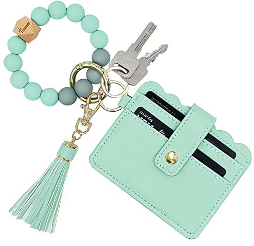 TSNSOEEO Wristlet Keychain Bracelet Wallet, Key Ring Silicone Bead Bangle, Tassel Card Pocket Key Chains for Woman, 01-mint, Large