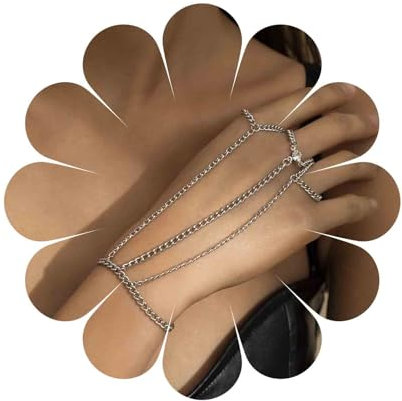 Yienate Punk Armband Finger Kette Silber Harness Armband 3 Finger Ringe Link Handgelenk Kette Sklaven Armband Hip Hop Charme Hand Kette Armband Schmuck Geschenk für Frauen Mädchen