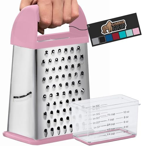 GORILLA GRIP 4-Sided 100% BPA-Free Cheese Grater With Container, Stainless Steel XL Box Graters, Parmesan Shredder, Grate Cheeses, Shred Veggies, Slip Resistant Handle, Dishwasher Safe Zester, Pink