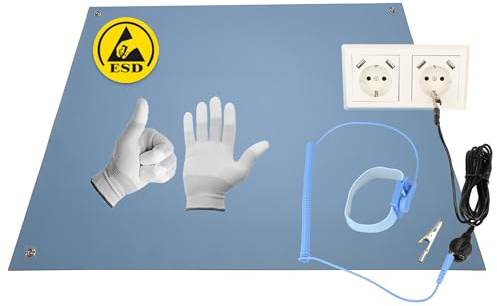 Minadax 60 x 30cm BLAU Antistatik ESD Computer Matte Tischmatte „Premiumqualität“ inkl. Manschette + 2,4m Verlängerung + ESD Handschuhe GR-L
