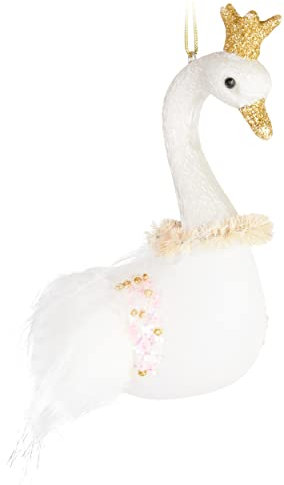 BRUBAKER Schwan Prinzessin mit Glitzer Krone Weihnachtskugel aus Glas - Handbemalt und Mundgeblasen - Christbaumschmuck Lustig - Weihnachtsdeko Figur Anhänger - Deko Baumkugel Weiß