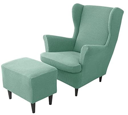LHTCCSHL Stretch Jacquard Ohrensessel Bezugsset, 2-teiliger Ohrensessel Schonbezug mit Passendem Ottoman Bezug, Ohrensessel Schonbezug Fußhocker-Schutzbezüge für Wohnzimmer (Hellgrün)