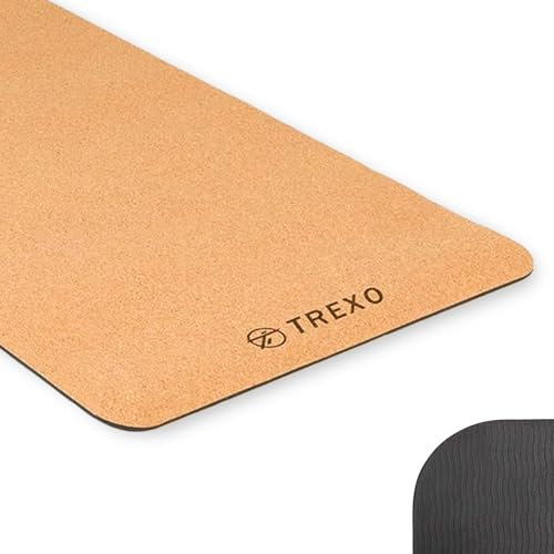 TREXO Yoga Kork TPE Yogamatte 61 x 183 cm, 6 mm dick Schwarz, für Indoor Club Pilates Stretching Gymnastik YM-C01C