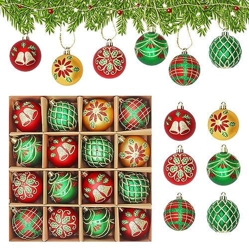 16 Stück Weihnachtskugeln Dekorationen,6cm bruchsichere hängende Weihnachtskugel,Hängende Weihnachtskugeln Kugeln Ornamente für Weihnachtsbaum,Weihnachtsbaum Dekoration Set für Xmas Party,Rot,Grün