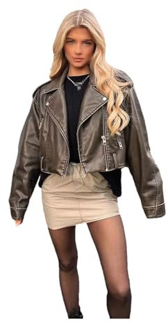 Graysty Damen Gewaschene Lederjacke Mit Gürtel Kurzmantel Mit Abgestuftem Reißverschluss Und Vintage Revers Jacke, Armee, L