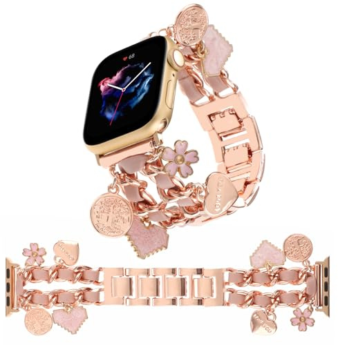 REALSIGN Stylish Metal Wristband Compatible with Apple Watch Band 42mm 44mm 45mm 49mm 46mm,Cuban Chain Band Flower Love Tree of Life Pendants Cute Strap for iWatch Series 10 9 8 7 6 5 4 3 2 SE Ultra