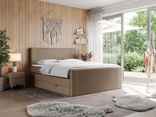 MKS MEBLE King Boxspringbett 180x200, Polsterbett 180x200 mit Bettkasten, Bett 180x200 mit Multipocket-Matratze H3, Boxspringbett 180x200 mit Kopfteil und Topper - H3 Braun Kunstleder - Doren