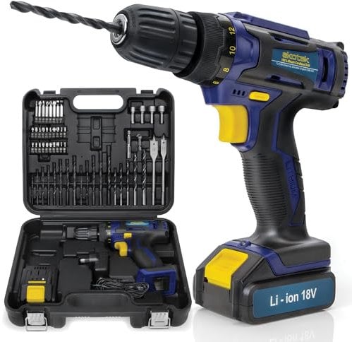 Skotek Cordless Drill Driver 18V Lithium-Ion, 54Pc Electric Screwdriver Set, LED Work Light, Electric Drill Quick Change Power Drill Battery with Charger & Carry Case Included