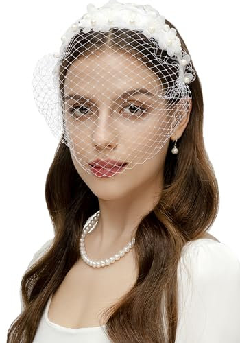 BABEYOND 1920er Jahre Flapper Fascinator Mesh Schleier Stirnband Braut Hochzeit Tee Party Fascinator Schleier für Frauen, Stil 13, Weiß, Einheitsgröße
