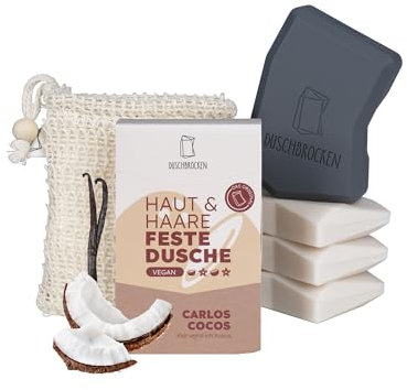 Duschbrocken 2in1 Festes Shampoo & Duschgel Set - 3x Carlos Cocos, FAIRpackung & Sisalsäckchen - Natürlich, Vegan & Plastikfrei