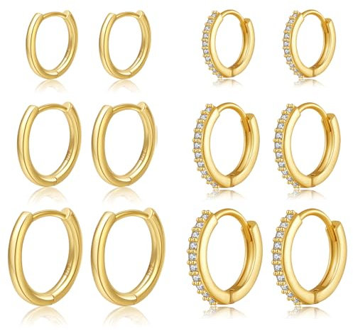 ABPBA 14 Karat Gold Creolen - Hypoallergene Kleine Ohrringe für Damen - Knorpelschläfer Huggie Set für Mehrere Piercings - 6 Paar