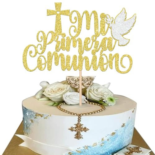 Adornos para Tarta Dorados Mi Primera Comunión - con decoración de cruz y paloma, perfectos para celebraciones de comuniones de niños y niñas, bautizos, fiestas y decoraciones religiosas