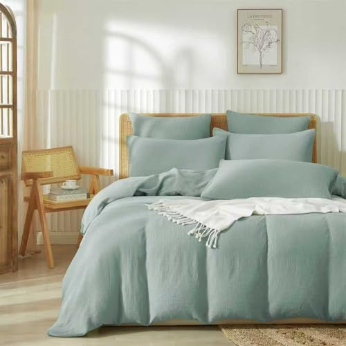 Boqingzhu Muslin Bettwäsche 200×200 cm Baumwolle Mint Grün Sommerbettwäsche Weich Kühlend Atmungsaktiv Sommer Bettbezug Doppelbett und Kissenbezug mit Reißverschluss