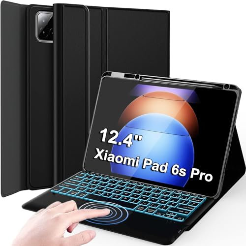 Nanhent Rétroéclairé Clavier Coque pour Xiaomi Pad 6S Pro (2024) 12.4 Pouces Tablette, Smart Touchpad, AZERTY Français Amovible Bluetooth sans Fil Clavier avec Housse Étui Premium en Cuir PU