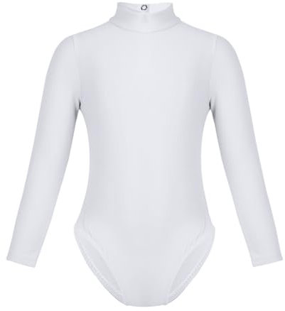 Miutii Mädchen Ballettanzug Langarm Body Overall Stehkragen Turnanzug Gymnastik Leotard Turnbody Trikotanzug Yoga Gym Fitness Sportbody Weiß 134-140