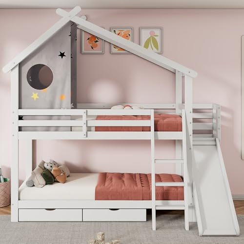 Letto a castello per bambini, 90 x 200 cm, letto matrimoniale, con scivoli e scale, con 2 cassetti, senza materasso, in legno massiccio, con armadietto, con tenda rimovibile, colore: bianco
