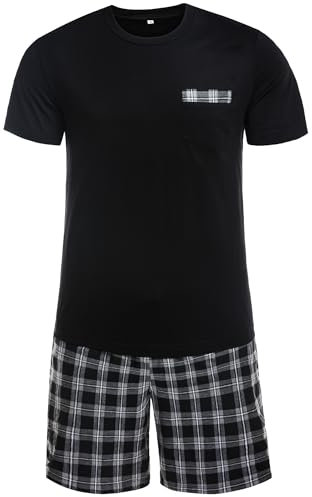 Winovia Pyjama Court pour Homme, 100% Coton, Manches Courtes, vêtements de Nuit, Ensemble avec col Rond et Pantalon à Carreaux, Marron foncé (Carreaux Larges), L