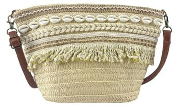 MODELISA - Bolso Bandolera Capazo Rafia Paja Con Conchas Y Flecos Estilo Bohemio Mujer (Beige)