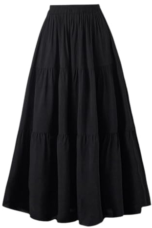 OSTOO Damen Sommer Lang Flowy Renaissance Rock mit Taschen Boho Hohe Taille A-Linie Maxirock, Schwarz, Klein