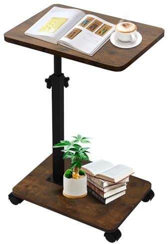 KUKKUME C Shaped Side Table Height Adjustable Sofa Table Over Bed Table with 360° Swivel Tray and Wheels Under Sofa End Table for Living Room Couch and Bedroom Retro Brown