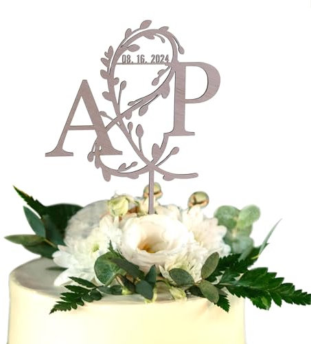 Cake Topper Hochzeit | Mr & Mrs Kranz Mit Blättern | Tortendeko Personalisiert aus Holz und Acryl | 15 Farben Mit Namen Initialen und Datum