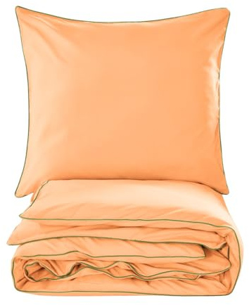 Cotton Market Parure de lit basique 220 x 200 cm abricot passepoil vert bouteille