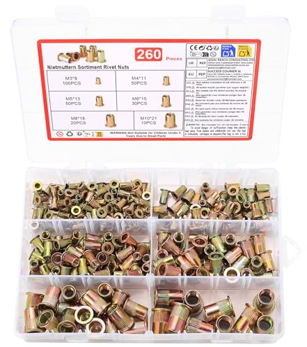 260 Stk Nietmuttern Set,Kohlenstoffstahl Farbe Zink Blindnietmuttern Satz | M3 M4 M5 M6 M8 M10 Flachkopf Einnietmuttern Sortiment，Gewindenieten Einziehmuttern Für Nietmutternzang Metallplatten Rohre