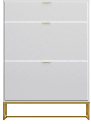 UEV 80cm Wide Shoe Cabinet with 2 Flip Drawers + Top Shelf, Tilt-Out Storage for 16 Pairs, Modern Hallway Cupboard, White with Gold Legs