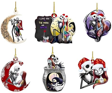 2026 Night Before Christmas Decorations, 6 Pcs Cute and Funny Jack And Sally Hanging Decoration, Christmas Tree Decorations, Halloween and New Year 2D Flat Winter Decoration