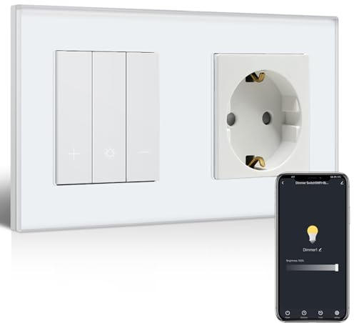 BSEEDLIFE Smart WIFI Dimmschalter mit Schuko Steckdose, Normale Steckdose+Smart Dimmer Schalter Kompatibel mit Alexa/Google Home, Unterputz Dimmschalter, Weiß(Neutralleiter Erforderlich)