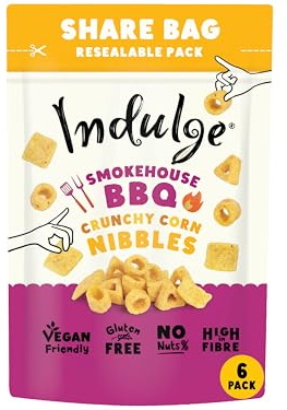 Indulge Crunchy Corn Nibbles – Smokehouse BBQ Flavour – Gluten Free, Vegan, Nut Free, Allergen Friendly Corn Snacks – 100g (Pack of 6)