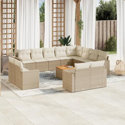 QJBSAVVA 13-TLG. Gartenlounge Beige Poly-Rattan Ecksofa 62 x 62 x 69 cm Sitzgruppe mit Stauraum Travertin Akazienholztisch UV-beständig modular für Balkon Terrasse Kleiner Garten