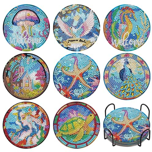 JATOK Lot de 8 sous-verres de peinture diamant avec support, peinture diamant pour adultes, sous-verres de tasse, animaux marins, à faire soi-même, antidérapants, pour débutants
