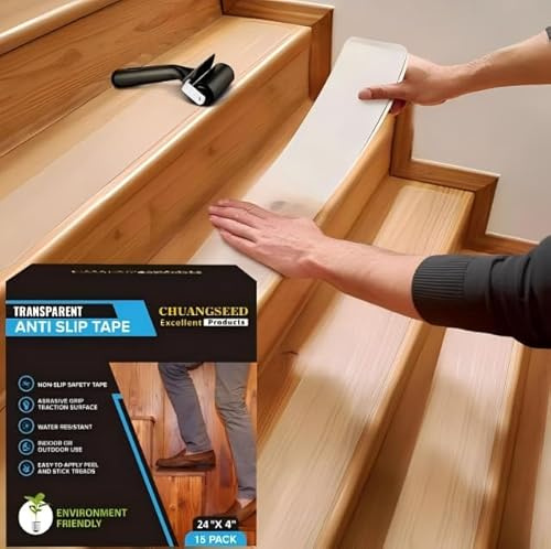 CHUANGSEED Transparente Stufenmatten Rutschfeste Streifen, 4in x 24in 15 Stück + 1 Andrückrolle, Unsichtbare Antirutschmatten, Wasserdichtes Anti-Rutsch-Klebeband für Holzstufen und Böden.