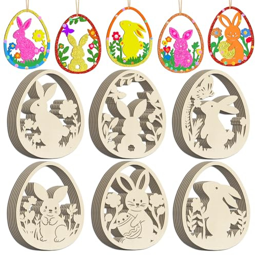 COCHIE 36 Stück Holzanhänger Ostern Basteln Kinder, Holz Ostereier zum Bemalen,DIY Ostereier Hasen Blume Basteln zum Bemalen Holz Anhänger für Kinder(Flower)