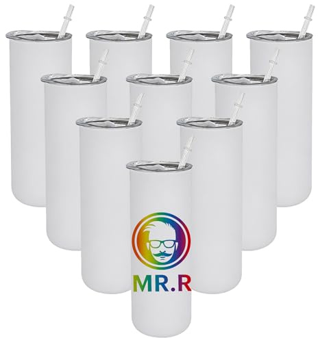 MR.R 10 Pack Sublimation Tumbler Blank 20 OZ Straight Skinny Tumbler with Straw, Stainless Steel Double Wall Insulated Tumbler for Tumbler Press Machine