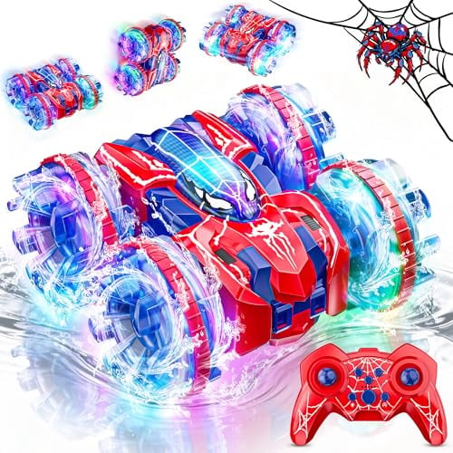 Spider Amphibienfahrzeug Ferngesteuertes Auto - 2.4GHz Doppelseitig RC Car | Auto Spielzeug ab 3 4 5 6 7 8+ Jahre Junge, Pool Outdoor Monstertruck mit 360°Drehung & LED Licht,Kinder Geburtstag Geschenke