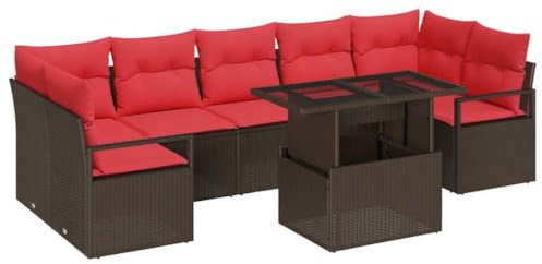 vidaXL Garten-Sofa-Set mit Kissen 8 pcs Braun und Rot Poly-Rattan, Garten- und Terrassen-Set, modernes Outdoor-Sofa, gemütliche modulare Sitzgelegenheiten, UV-beständiger Poly-Rattan
