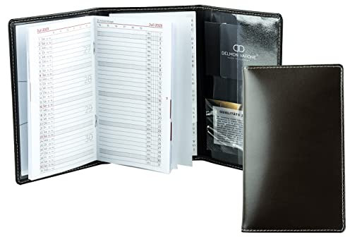 DELMON VARONE - Personalisierbarer Taschenkalender 2025 + 2026 3-teilig Cambridge Top Grain Leder-Hülle braun - Organizer Monatsplaner (1 Monat 1 Seite) - Kalender-Buch Monatsübersicht & Adressenheft