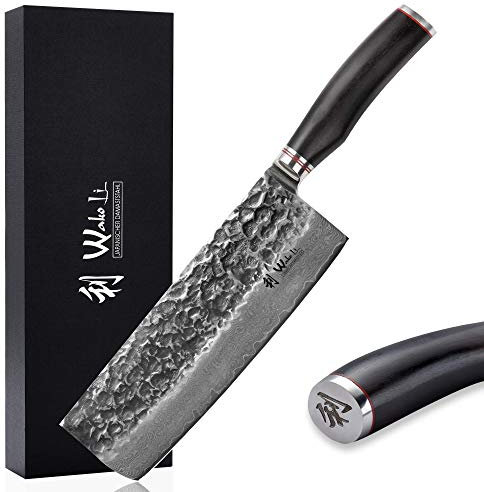 Wakoli EBO Premium Nakirimesser mit 22,5 cm Klinge und Hammerschlag gefertigt aus 67 Lagen echtem Damaststahl mit schwarzer Eichenholzgriff I Damastmesser Küchenmesserset und Profi Kochmesser