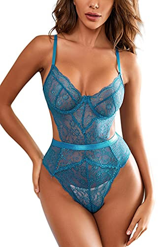 EVELIFE Body Donna Sexy Pizzo Lingerie Babydoll Uno Pezzo Teddy Lingerie Intima da Notte (Blu navy, S)