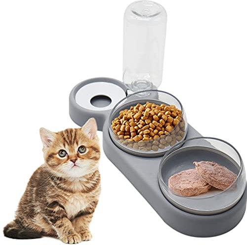 TUAKIMCE 3-In-1 Cat Bowl, Gravity Water and Double Food Bowls, Anti-spill Pet Food Feeding Bowl with Stand Tilted 15°, Automatic Water Dispenser Pet Bowls Set for Small Medium Dogs Cats (Grey)