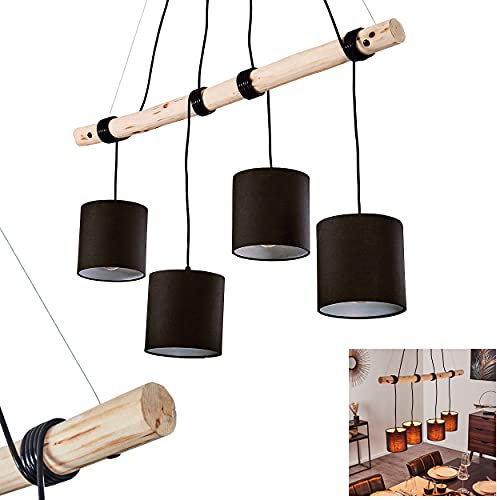 HOFSTEIN Pendelleuchte Betsele, 4-flammige Hängelampe aus Metall und Holz in Schwarz/Natur, Modernes Design mit Stoffschirmen in Schwarz/Weiß, Höhe der Leuchtköpfe verstellbar, 4 x E27