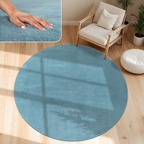 Paco Home Moderner Kuscheliger Wohnzimmer Teppich Kurzflor waschbar flauschig Weich Einfarbig Felloptik zeitlos stilvoll rutschfest pflegeleicht, Grösse:200 cm Rund, Farbe:Türkis