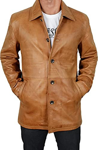 LP-FACON Men's Leather Dress Coat - Trench Coat - Duster Coat - Overcoat