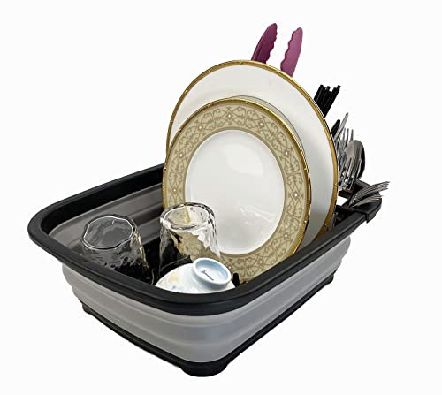 SAMMART 8L Collapsible Plastic Dish Drainer - Foldable Drying Rack - Portable Dinnerware Organizer - Space Saving Kitchen Storage Tray (Black/Alloy Grey)