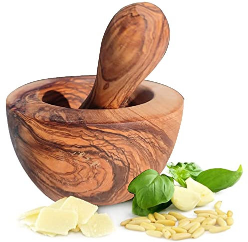 Mortier avec pilon en bois d'olivier, fait à la main avec bord naturel, mortier de cuisine durable pour herbes et épices (Ø 12 cm)